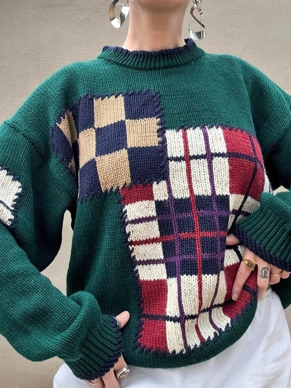Vintage Patchwork Plaid Knit Sweater